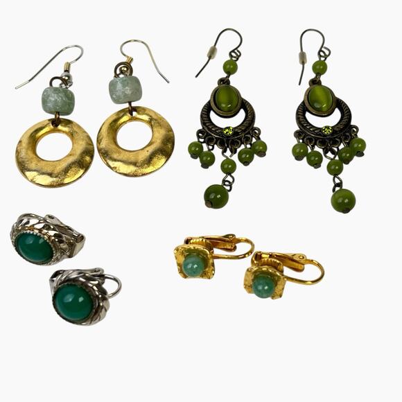 Earrings Lot Green Color Beads Stones 9 Pair Pierced Clip On Gold And Silvertone - Picture 8 of 13